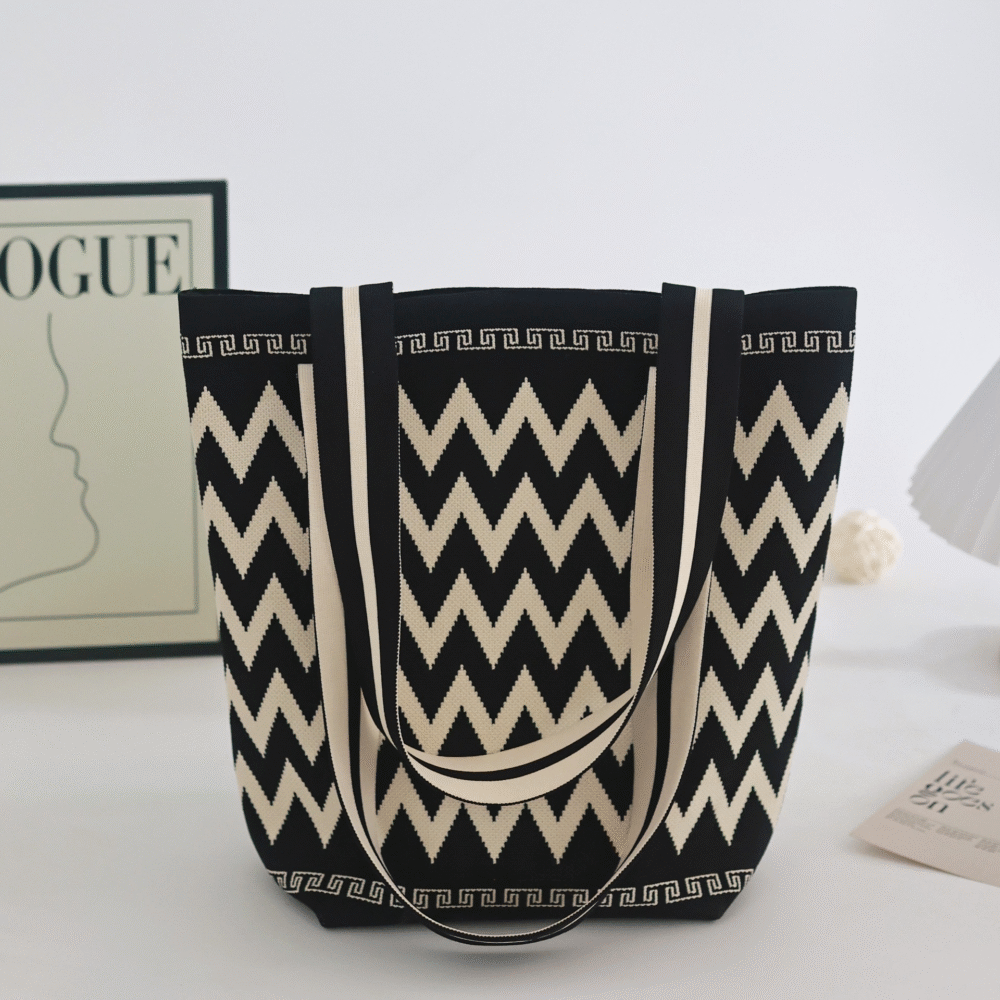 Trendy Soft Knitted Chevron Tote Bag Black & Beige Durable Textured Bag