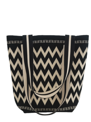 Trendy Soft Knitted Chevron Tote Bag Black & Beige Durable Textured Bag