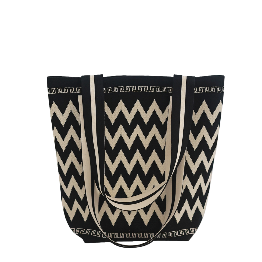 Trendy Soft Knitted Chevron Tote Bag Black & Beige Durable Textured Bag