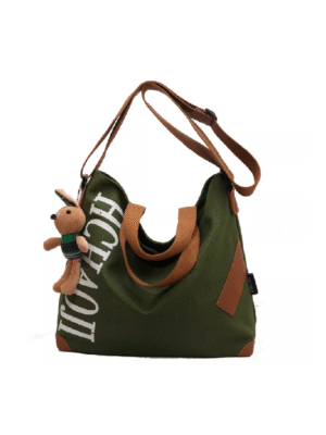 18 Custom Olive Green Large Capacity Hobo Tote Bag | Wholesale Letter Print Shoulder Bag With Cute Bear Charm