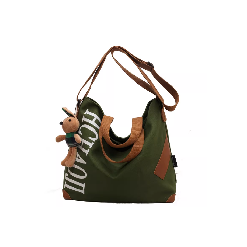 Custom Olive Green Large Capacity Hobo Tote Bag | Wholesale Letter Print Shoulder Bag With Cute Bear Charm