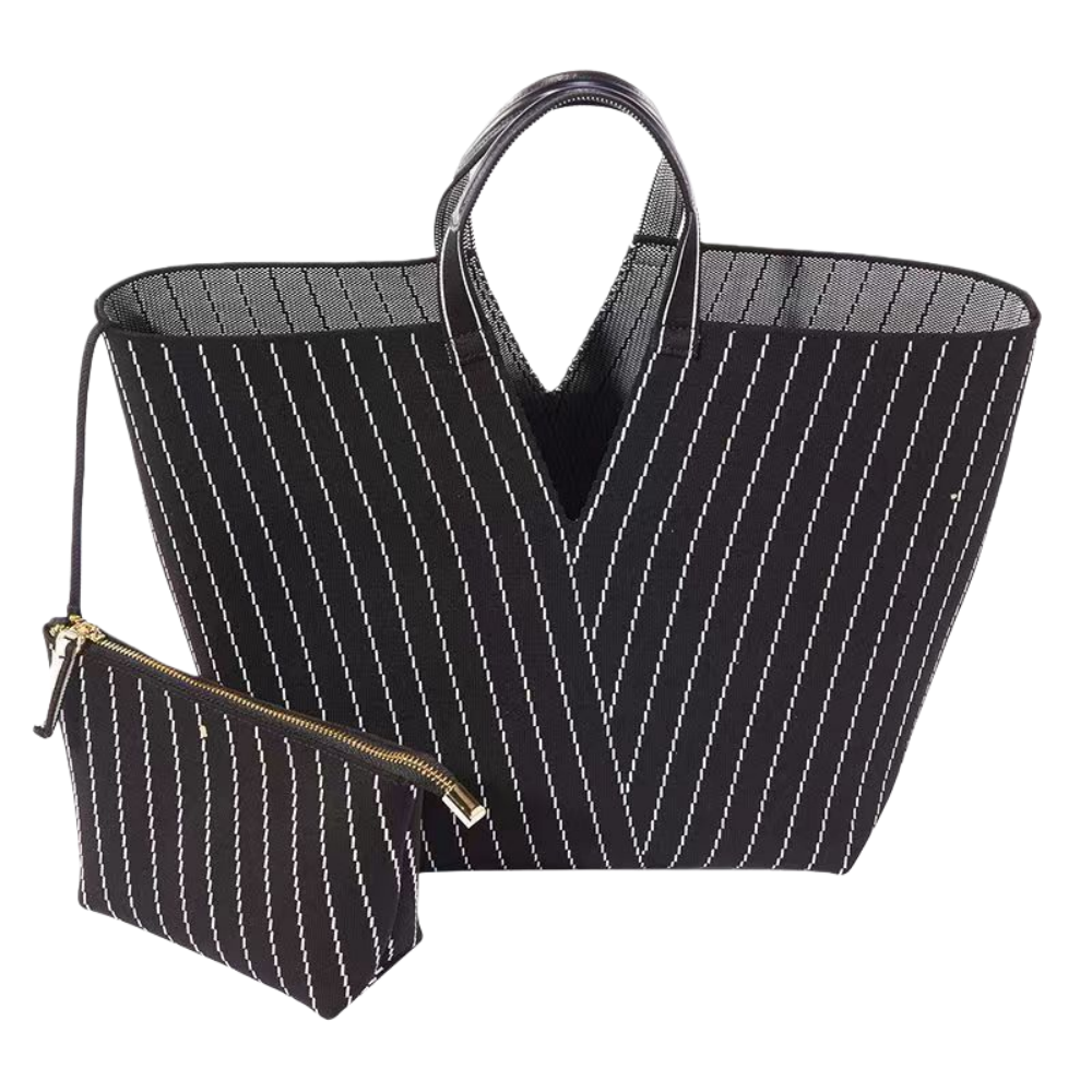 Deep V Design Women’s Tote Bag - Large Capacity Polyester Shoulder Bag with Zippered Pocket