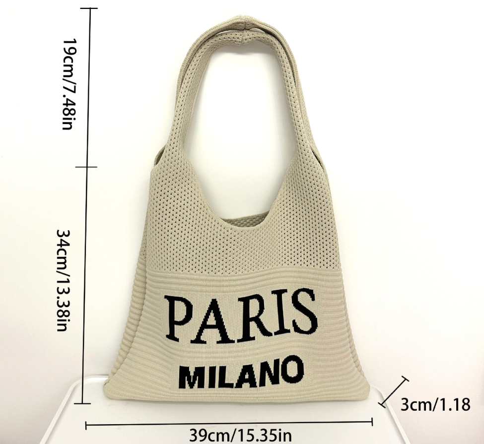 Retro Paris-Milano Textured Knit Tote Bag  Women’s Soft Lightweight Shoulder Bag with Fixed Straps