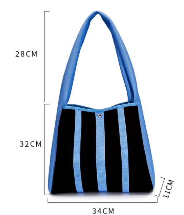 Striped Ladies Knitted Tote Bag - Casual, Portable Durable & Open Closure with Polyester Lining