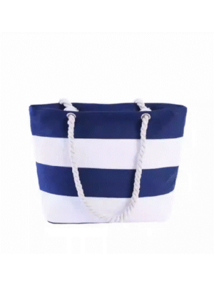小一些1 Eco-Friendly Reusable Navy Blue White Striped Canvas Tote Bag | Wholesale Rope Handle Beach Tote For Custom Logo