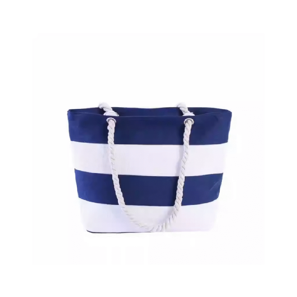 小一些1 Eco-Friendly Reusable Navy Blue White Striped Canvas Tote Bag | Wholesale Rope Handle Beach Tote For Custom Logo