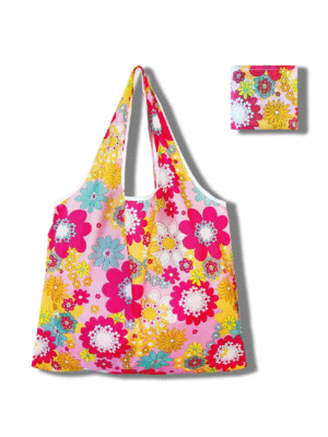 Pink Vibrant Floral Print Foldable Tote Bag | Custom Logo Reusable Eco-Friendly Tote For Wholesale & Daily Shopping