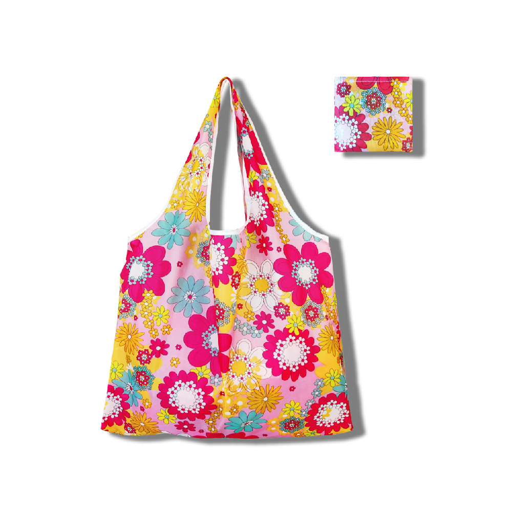 10 Pink Vibrant Floral Print Foldable Tote Bag | Custom Logo Reusable Eco-Friendly Tote For Wholesale & Daily Shopping