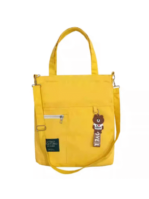 14 Wholesale Yellow Canvas Crossbody Tote Bag | Multi-functional Tote with Bear Charm & Zipper Pocket Factory Direct