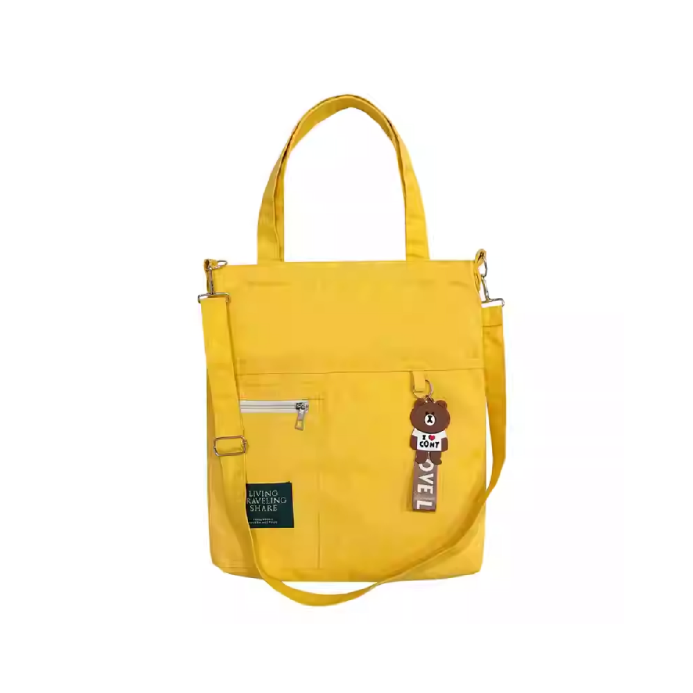 Wholesale Yellow Canvas Crossbody Tote Bag | Multi-functional Tote with Bear Charm & Zipper Pocket Factory Direct