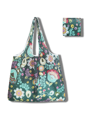 Custom Green Floral Foldable Tote Bag | Wholesale Eco-Friendly Reusable Shopping Tote