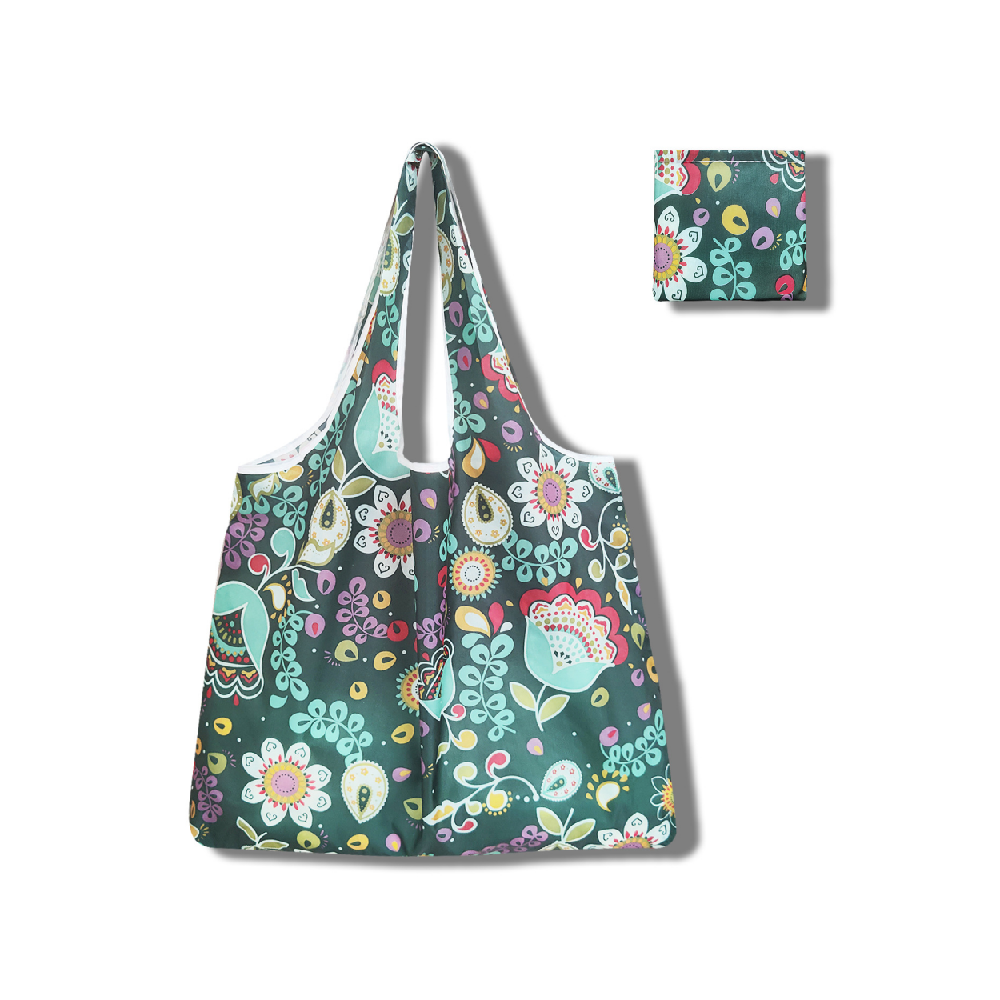 Custom Green Floral Foldable Tote Bag | Wholesale Eco-Friendly Reusable Shopping Tote