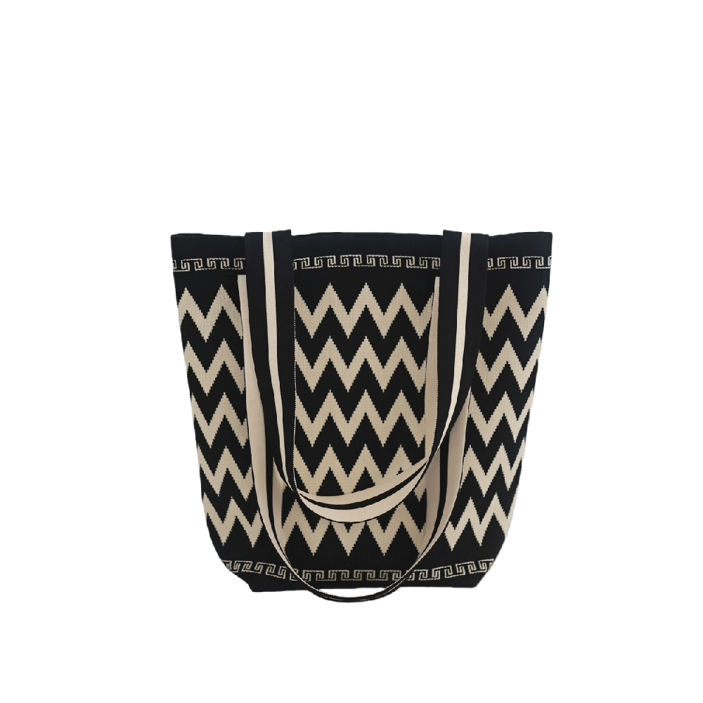 Trendy Soft Knitted Chevron Tote Bag Black & Beige Durable Textured Bag