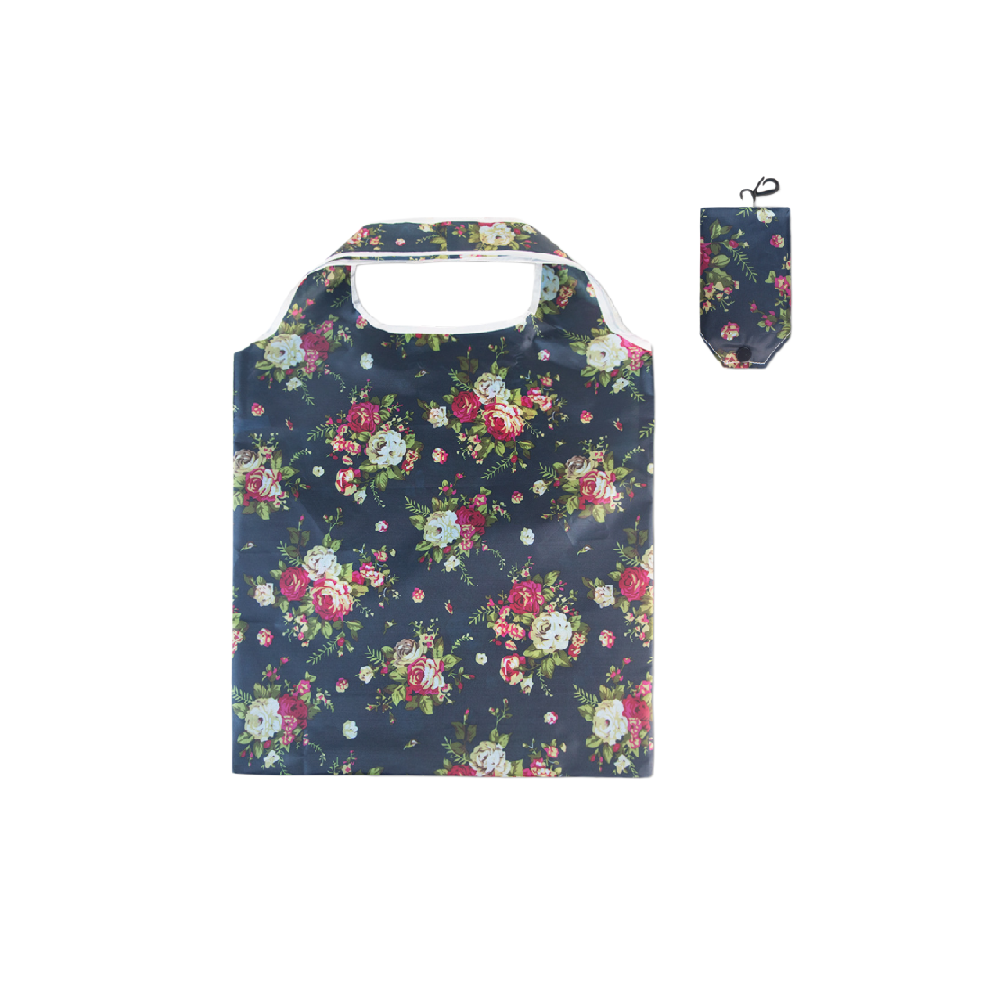 Vintage Navy Blue Floral Print Foldable Tote Bag | Wholesale Eco-Friendly Reusable Shopping Tote For Retail Resale