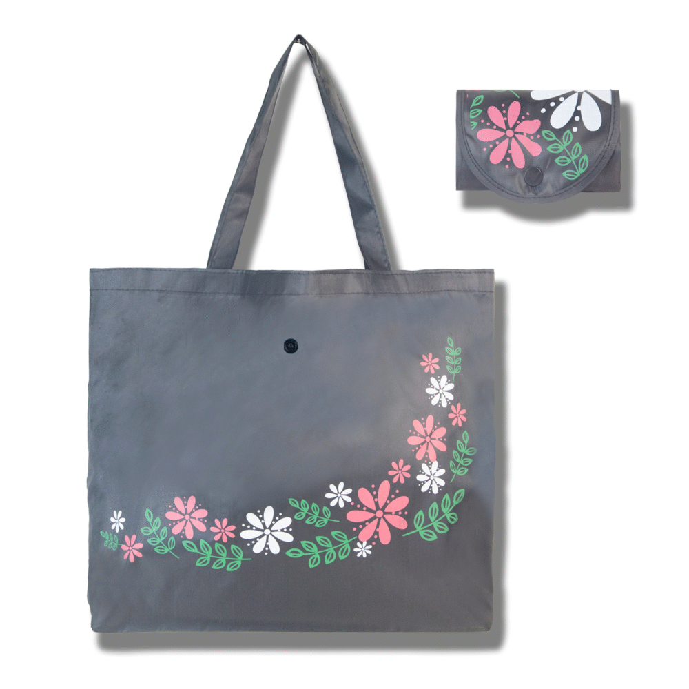 Custom Gray Foldable Floral Tote Bag | Wholesale Eco-Friendly Reusable Shopping Tote