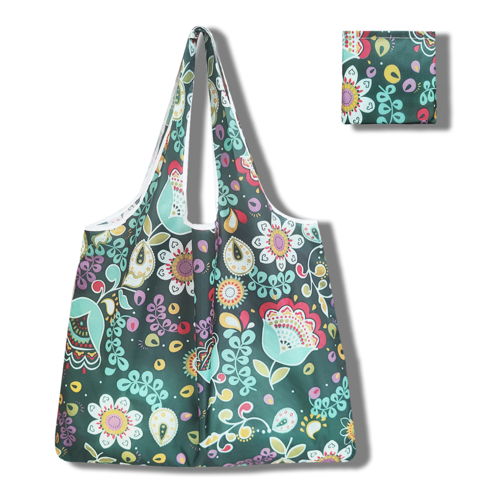 Custom Green Floral Foldable Tote Bag | Wholesale Eco-Friendly Reusable Shopping Tote