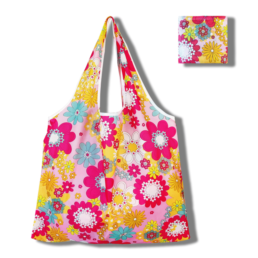 微信图片_20260205232221_1045_144 Pink Vibrant Floral Print Foldable Tote Bag | Custom Logo Reusable Eco-Friendly Tote For Wholesale & Daily Shopping