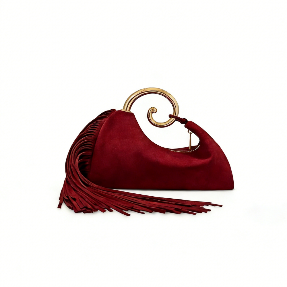 effbf9e5856c4010de5d8f7ce7af3102 Burgundy Suede Fringe Clutch with Spiral Metal Handle - Luxury Evening Bag