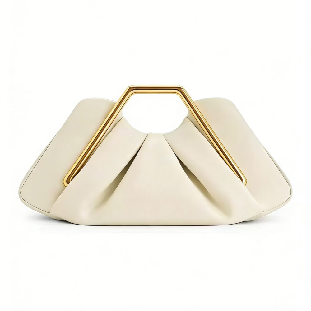 发 Custom White Cloud Pleated Clutch Bag with Geometric Metal Handle - Elegant Evening Handbag for Wedding & Party